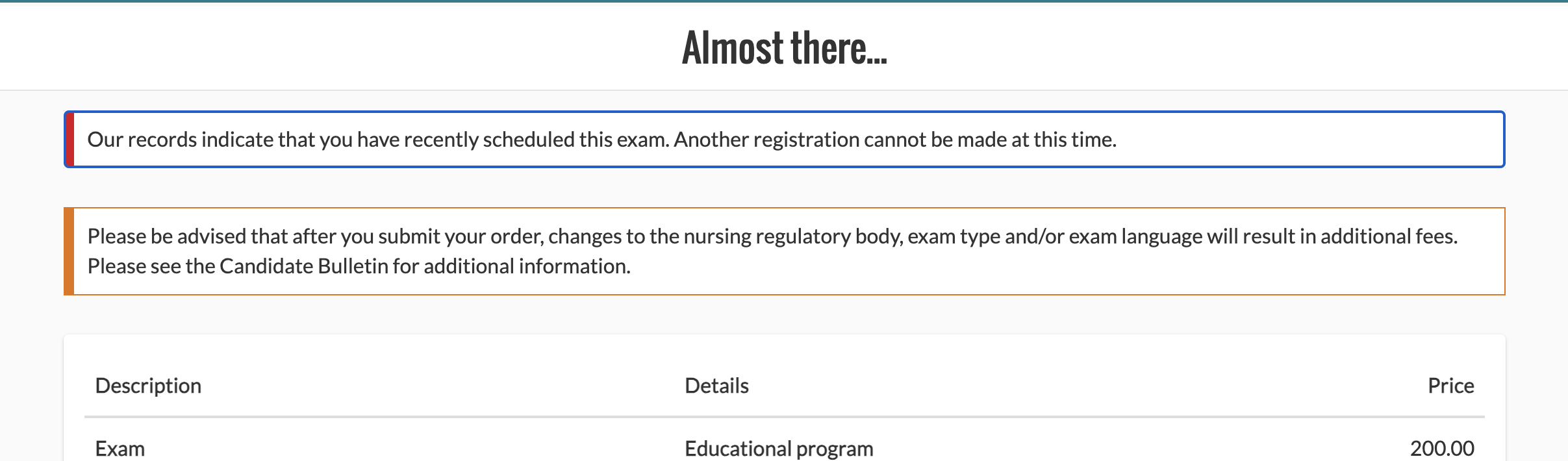 Pearson VUE Trick good pop-up screenshot showing the NCLEX message: Our records indicate that you have recently scheduled this exam. Another registration cannot be made at this time.
