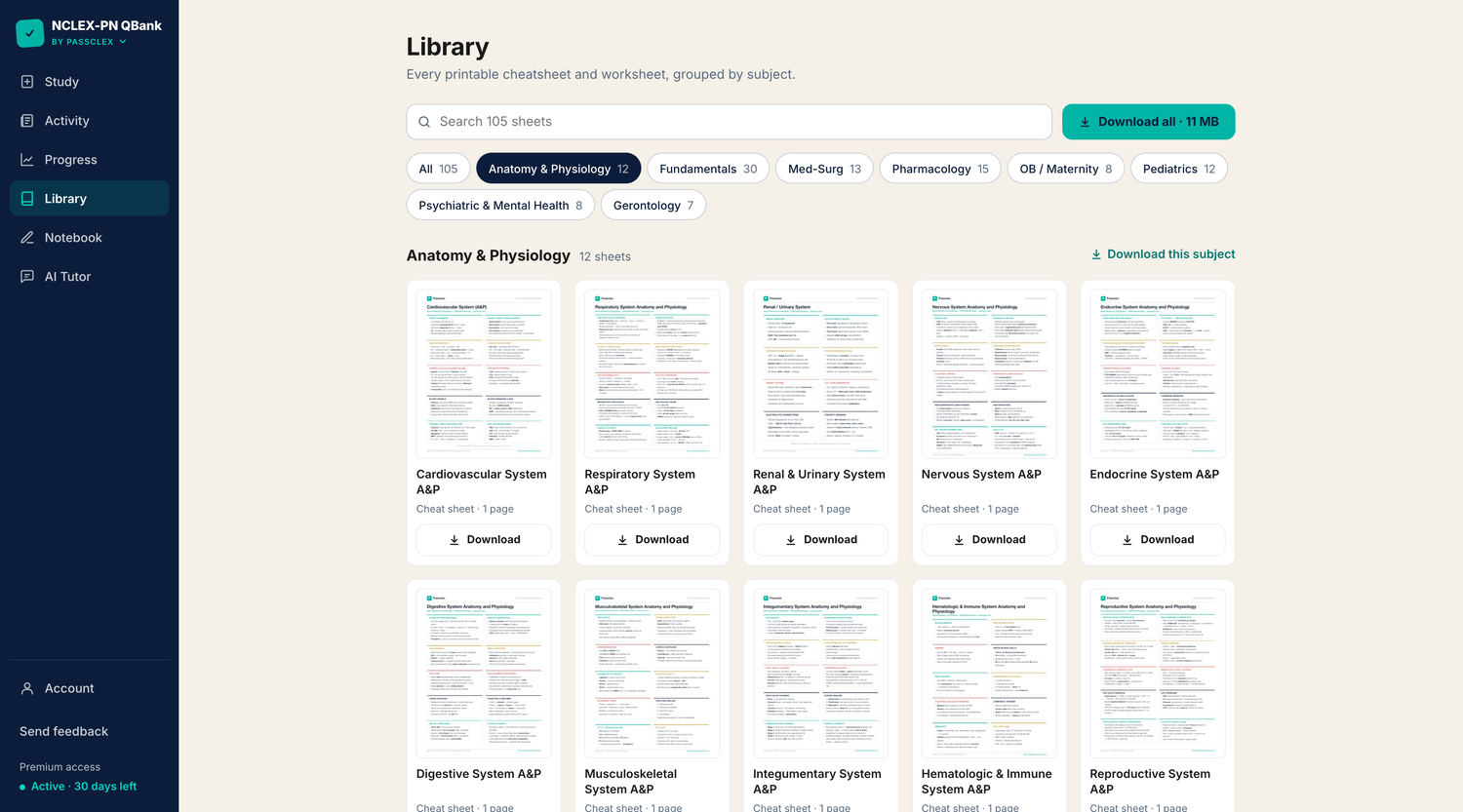 The Library page of the NCLEX-PN QBank: a search box, a Download all button, subject tabs from Anatomy and Physiology to Gerontology, and rows of one-page cheatsheet previews with a Download button under each.